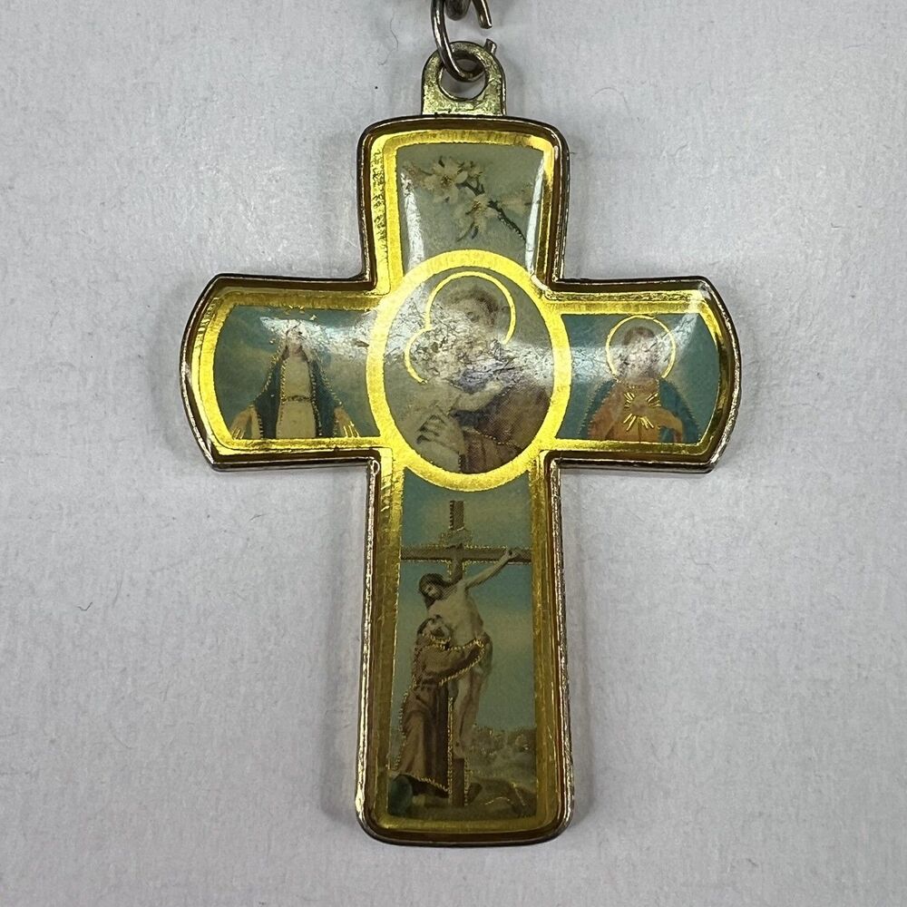 Catholic Images Gold Color Cross with Enamel Vintage Keychain Keyring